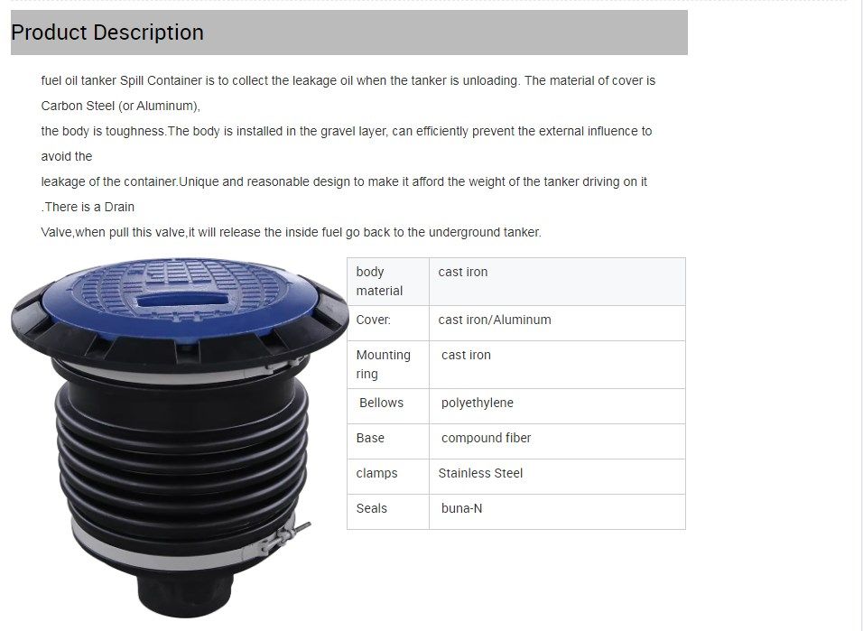 Fuel Oil Tanker Spill Container with Drain Valve in Cast Iron/Aluminum for Gasoline Station