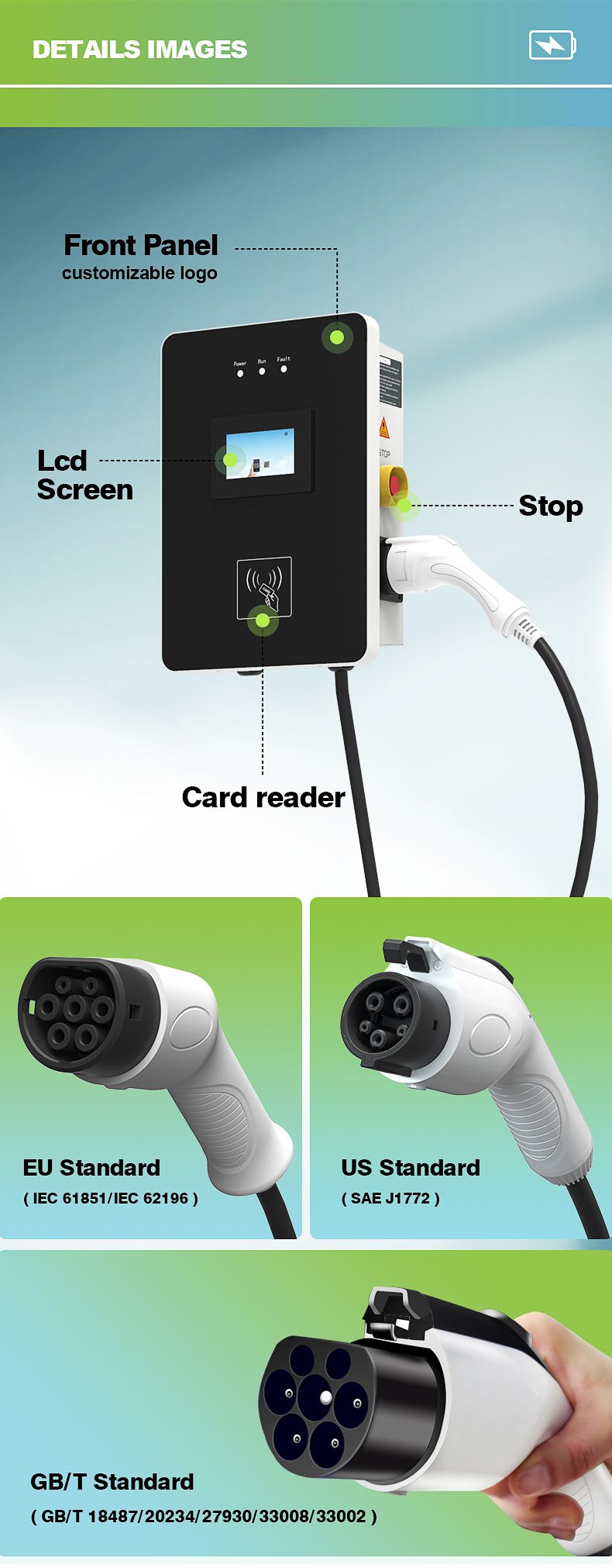 Residential Area AC 7kw Sheet Metal Wall-Mounted EV Charger with Single Gun