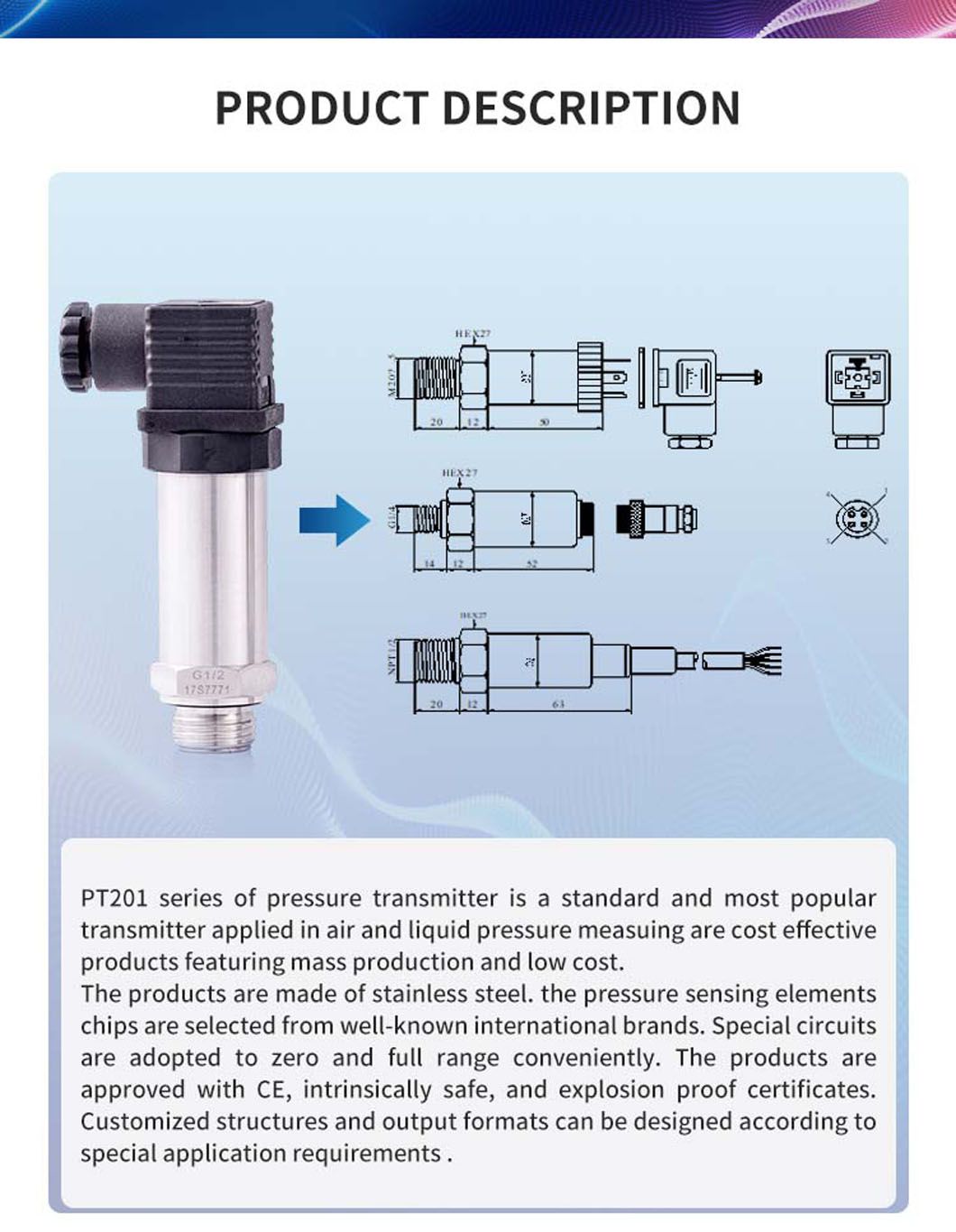 Atech -0.1~100MPa Pressure Measuring Range and Diffusion of Silicon Core Oil Water Pressure Sensor