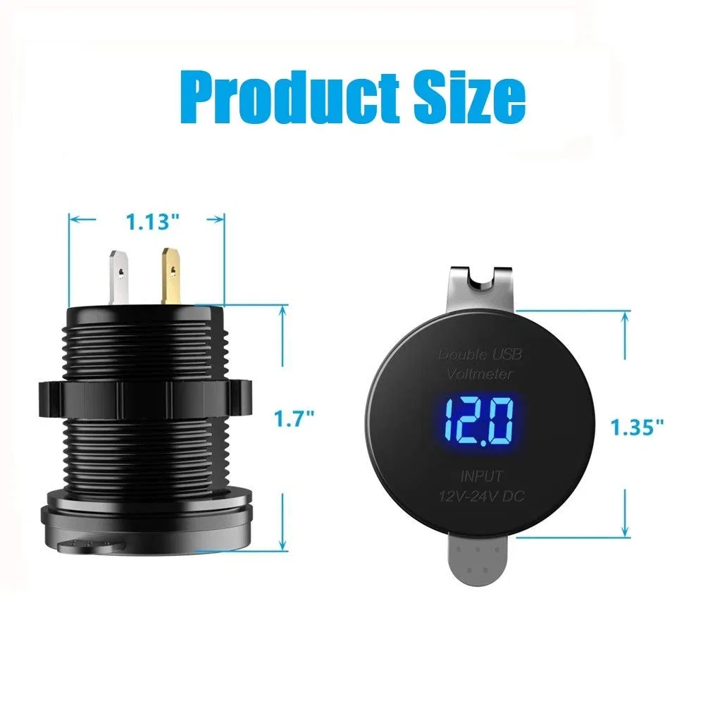 Dual 2 USB Charger Socket Waterproof Power Outlet 2.1A &amp; 2.1A with Voltmeter &amp; Wire in-Line 10A Fuse for 12-24V Car Boat Marine Motorcycle