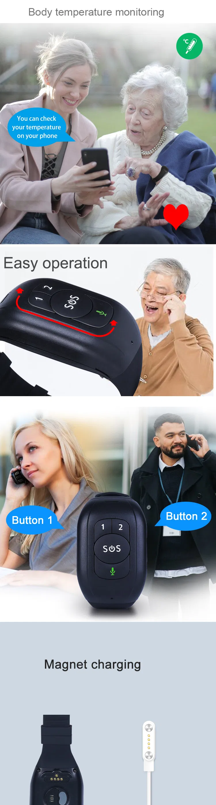 New Developed 4G LTE IP67 Waterproof Removal Alert Smart Tracker Device GPS with Fall Down Alarm Alert Body Temperature Y6T