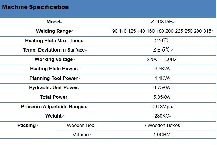 Sud315h HDPE Pipe Plastic Butt Welding Machine