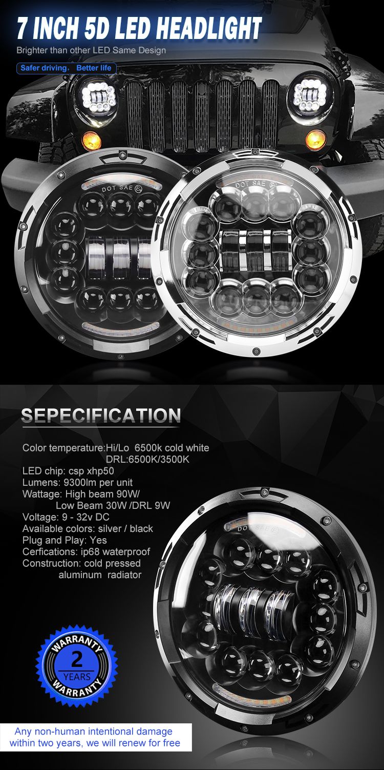 7inch Round High Low Beam 50000h Lifetime LED Driving Light Angel Eye LED Headlight
