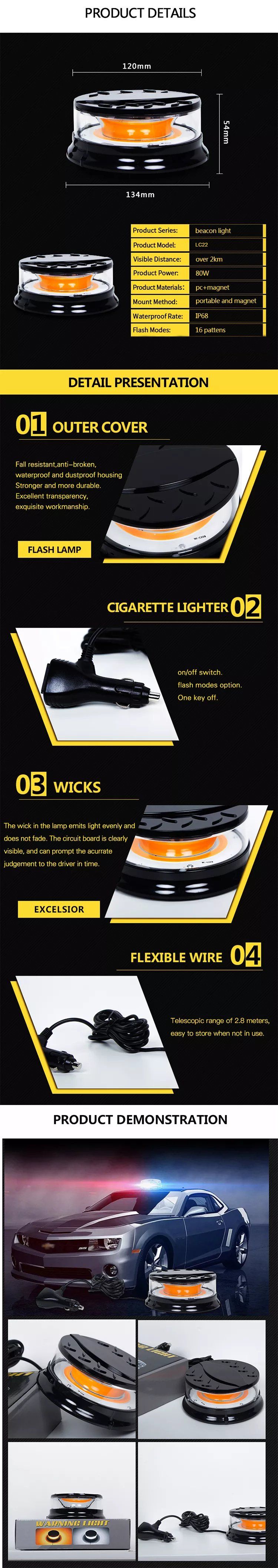 DC12V-24V 80W COB Car Roof Top Warning Lights LED Amber White Emergency Strobe Flashing Beacon Light