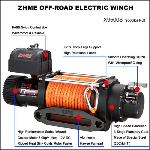 12V 9500lbs Drum Electric Winch with Synthetic Rope