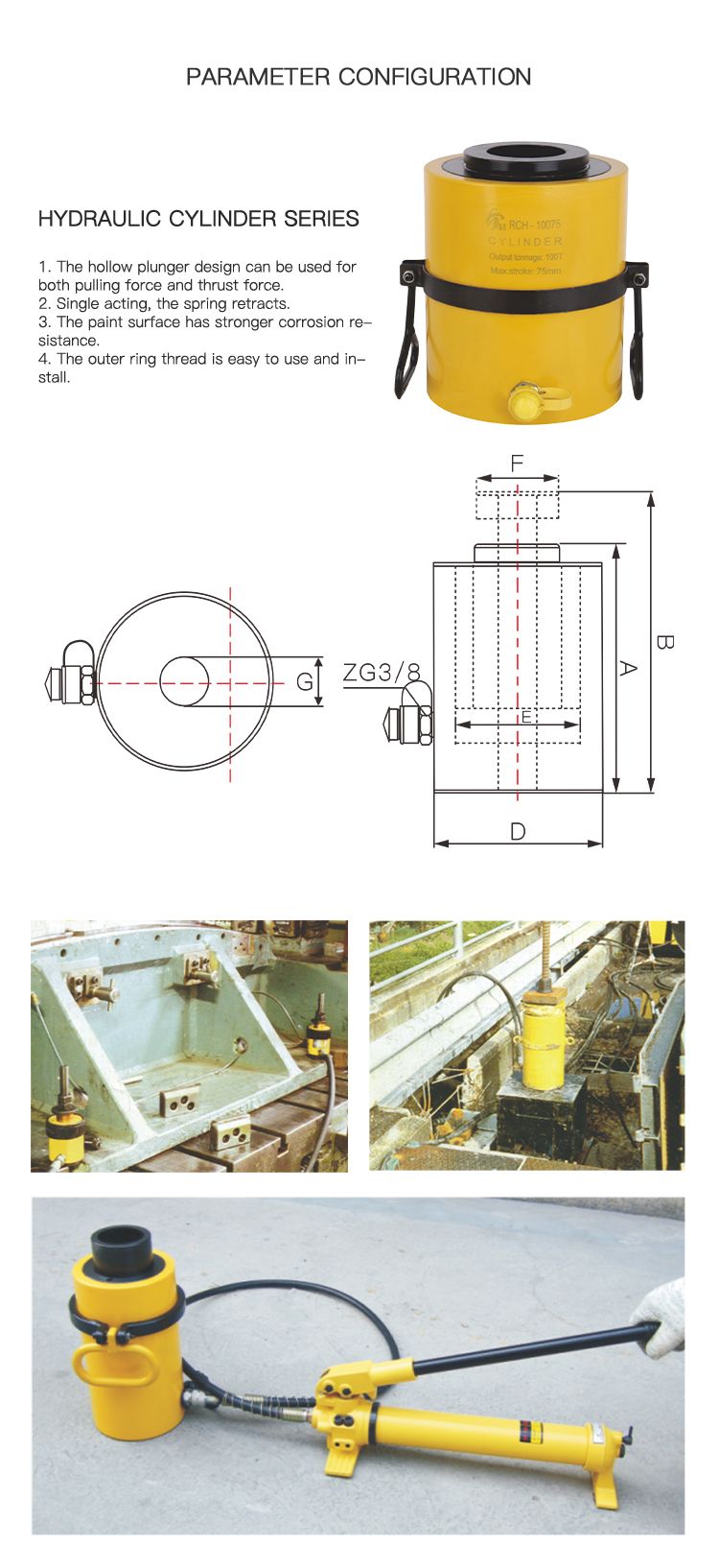 20ton Single Acting Hollow Plunger Hydraulic Cylinder (RCH-20100)