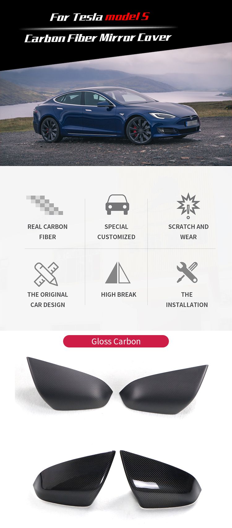 Matt Carbon Stick on Mirror Cover for Tesla Model S