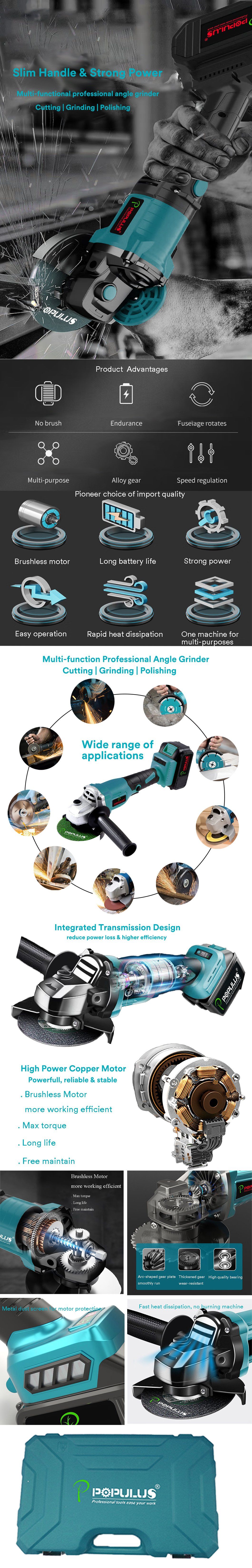 Populus Portable 20V Brushless Cordless Angle Grinder Variable Speed Cutting Polishing 100m/115mm Angle Grinder for South Africa Market