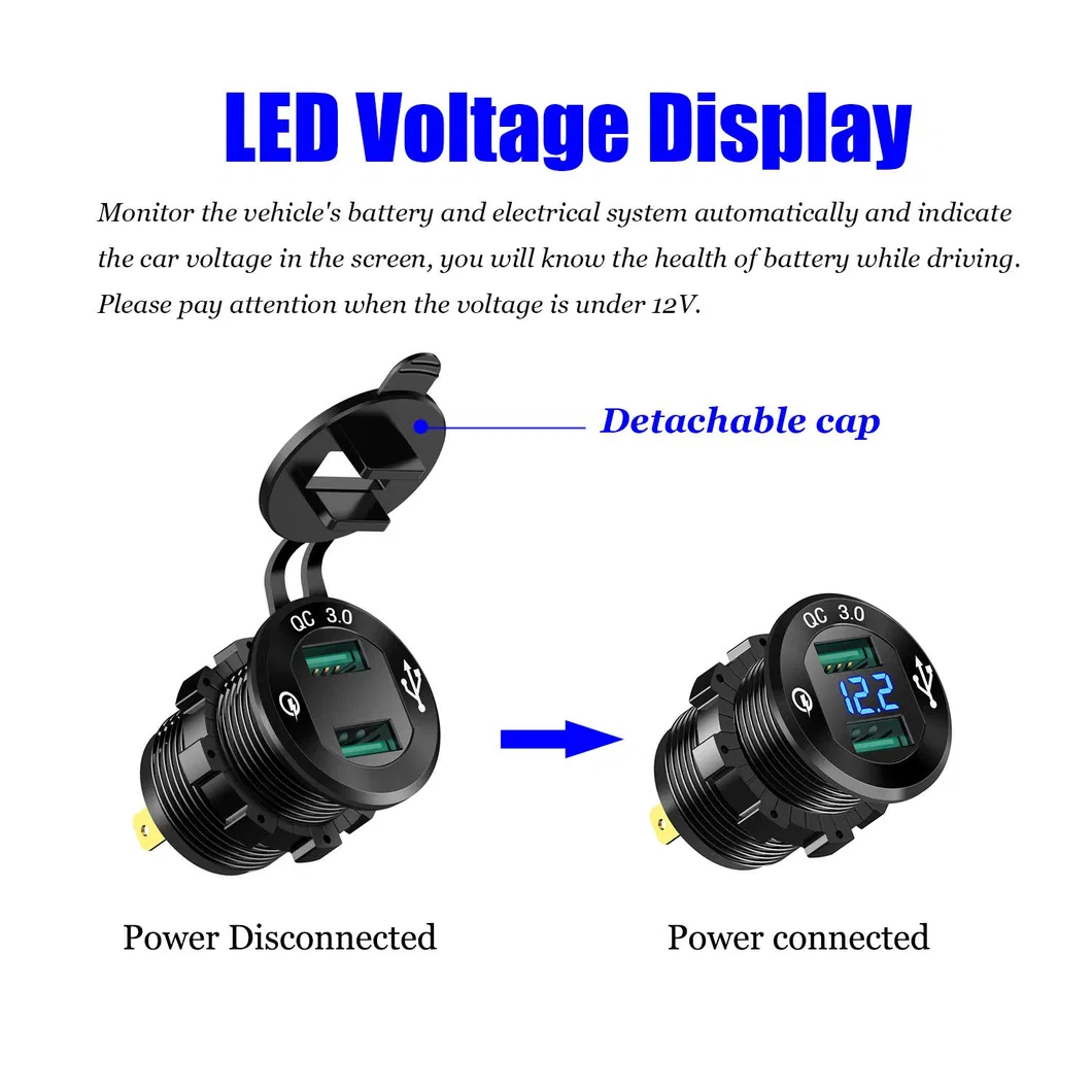 Quick Charge 3.0 Dual USB Charger Socket, Waterproof Aluminum Power Outlet Fast Charge with LED Voltmeter - Wire Fuse DIY Kit