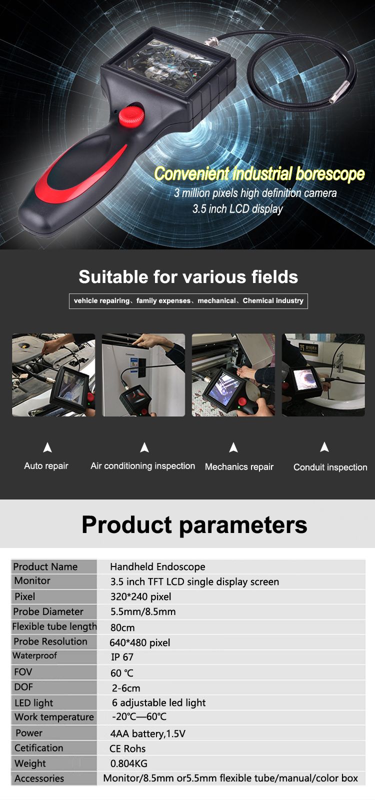 Portable Automotive Tools Handheld Video Engine Inspection Endoscope F108
