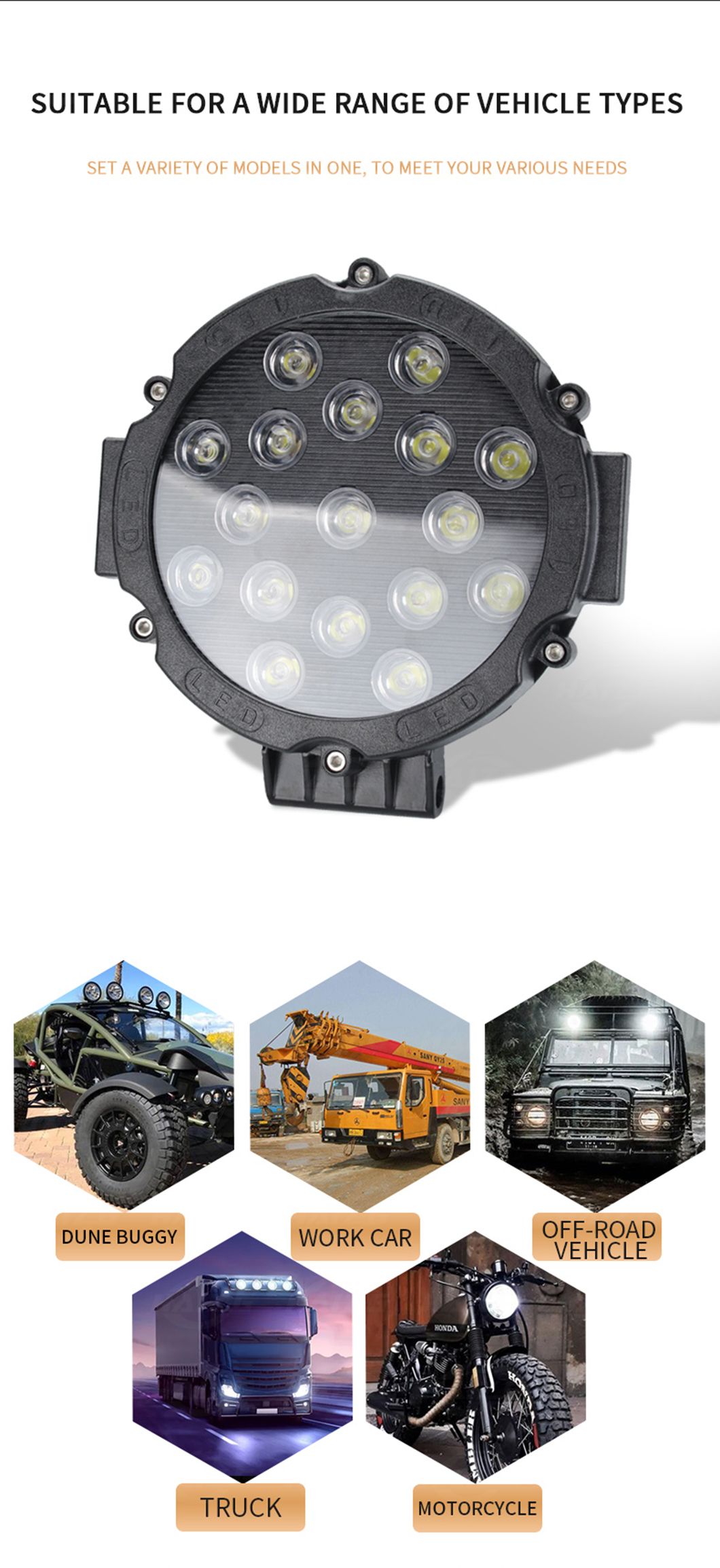 Haizg Wholesale Price 7inch Round 51W LED Driving Light Flood Beam Offroad LED Work Light for Truck Jeep Train