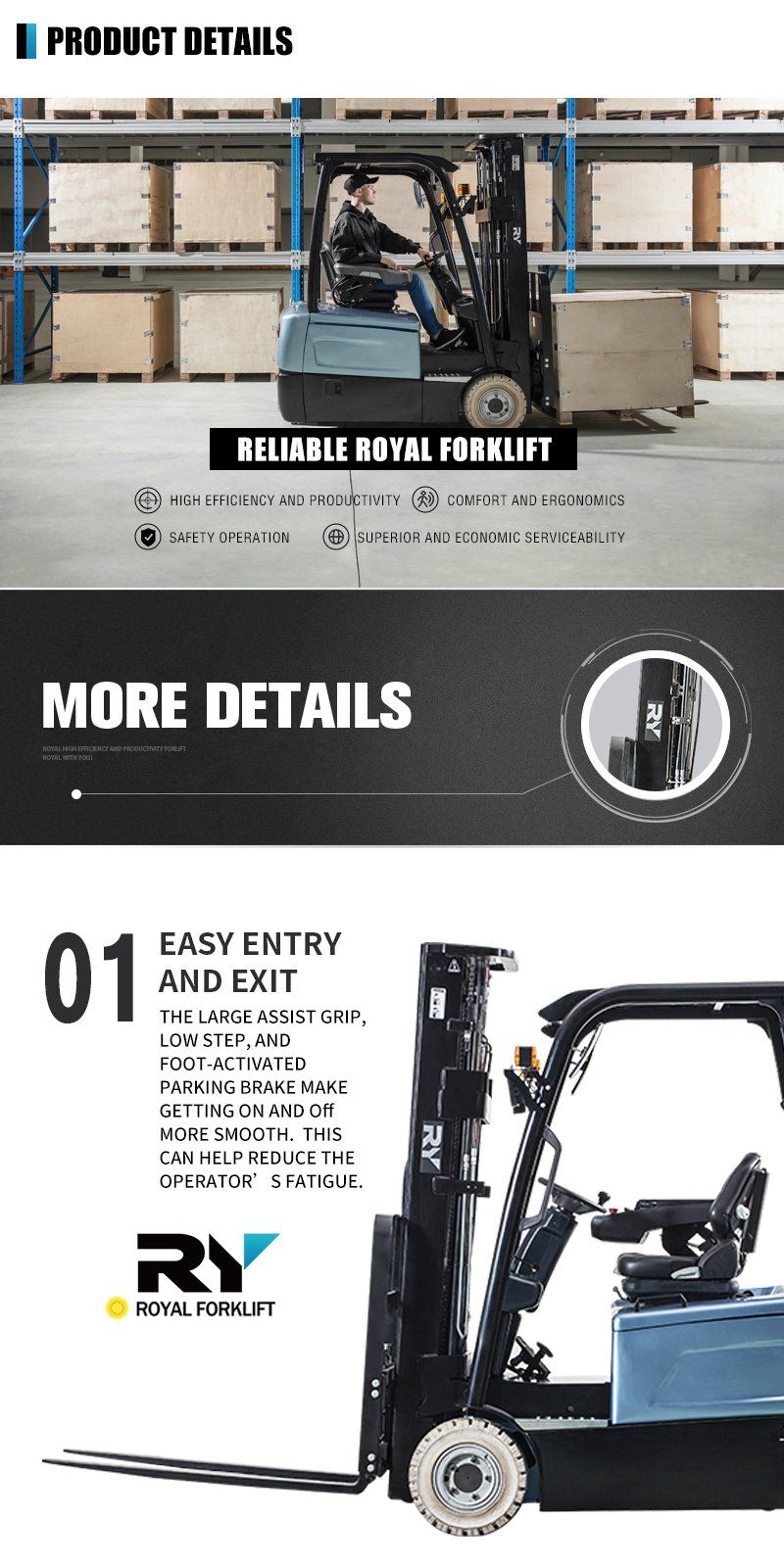 Royal 3 Wheel 1.6 Ton 1.8 Ton Dual Driven Motor AC Zapi Controller Lithium Battery Forklift Trucks