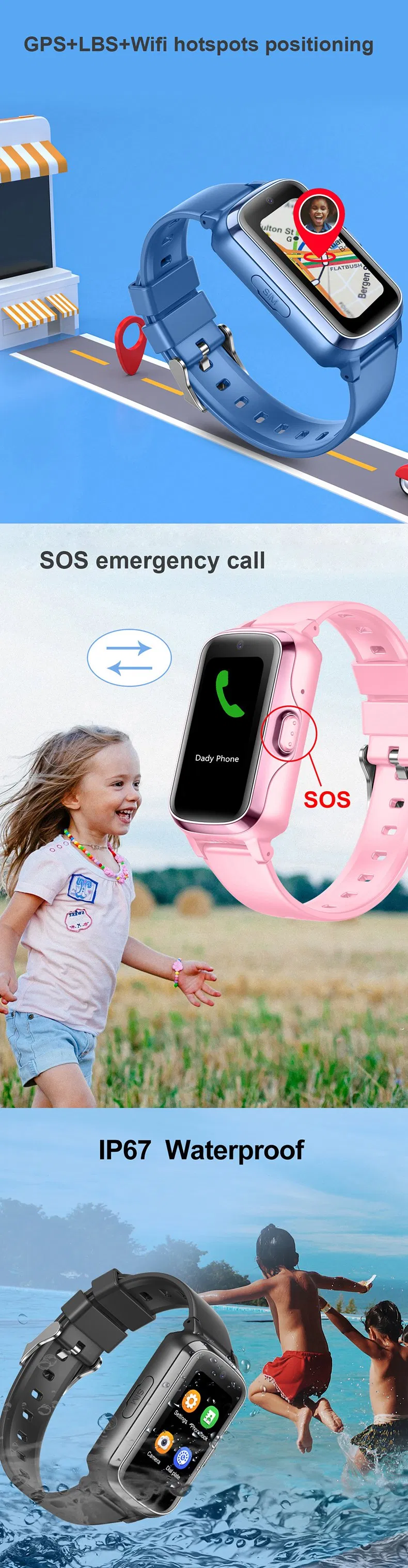 New fashion design 4G China manufacturer IP67 waterproof GPS Watch tracker with 2 way free global video call for Kids children personal safety Y42