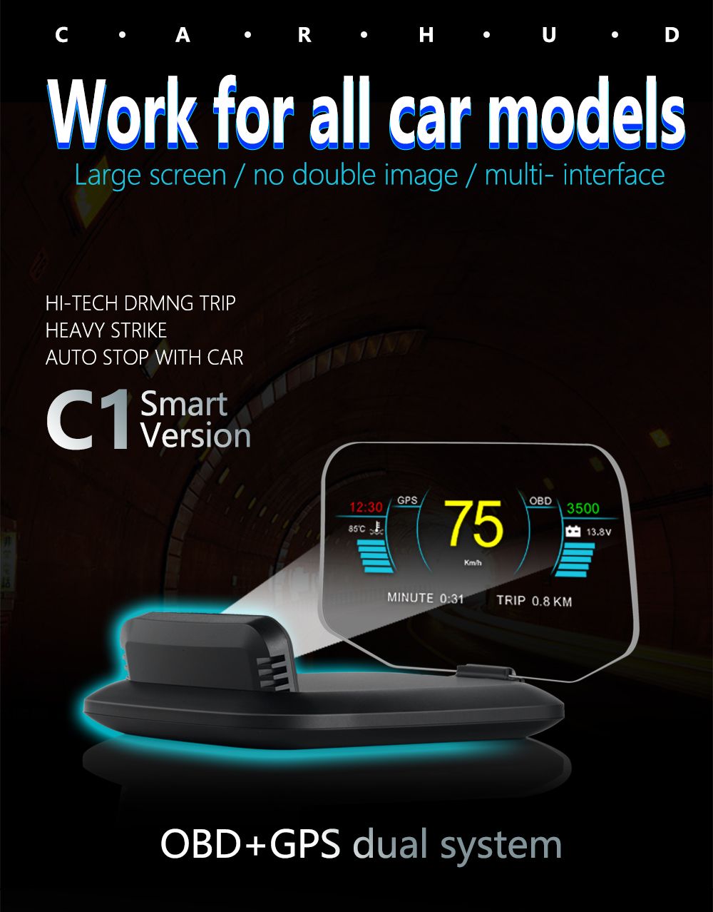 C1 Mirror Hud OBD2+GPS Dual Mode OBD2 Head up Display GPS Hud Digital Mph Kmh Speedometer Water &amp; Oil Temp Rpm