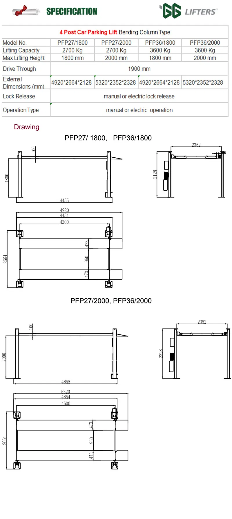 CE approved 4 post parking system lift