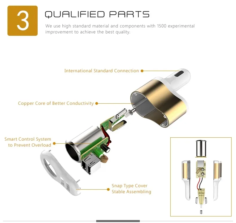 Quality 12-24V Dual USB 3 in 1 Car Charger with Cigarette Lighter Socket Splitter
