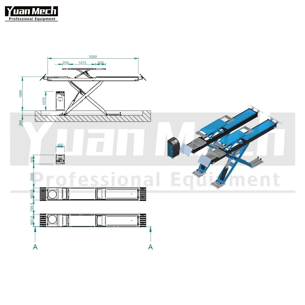 Yuanmech Boh5050wtr on Floor Big Scissor Lift for Wheel-Alignment High Profile with Integrated Lift Table and on Drive Ramps
