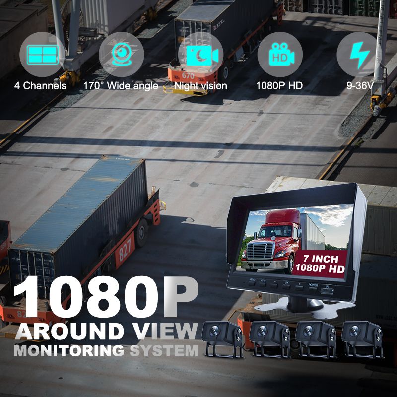 4CH Wired 1080P Rear View Camera with 7inch Display Parking Line Truck Reversing Camera