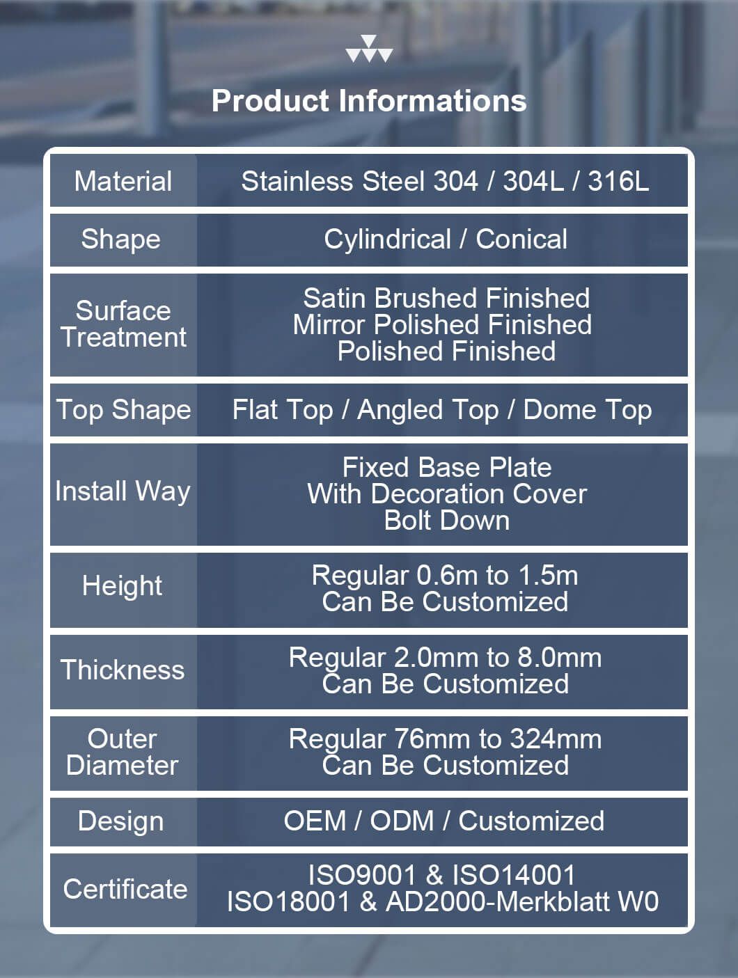 Durable Corrosion Resistant 304 Stainless Steel Parking Lot Barrier