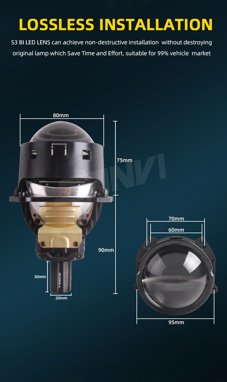 Sanvi New Arrival S3 3.0 Inch Bi LED Projector Lens Headlight 65W 6000K Plug Play Easy Install Auto LED Headlight Conversion Kit