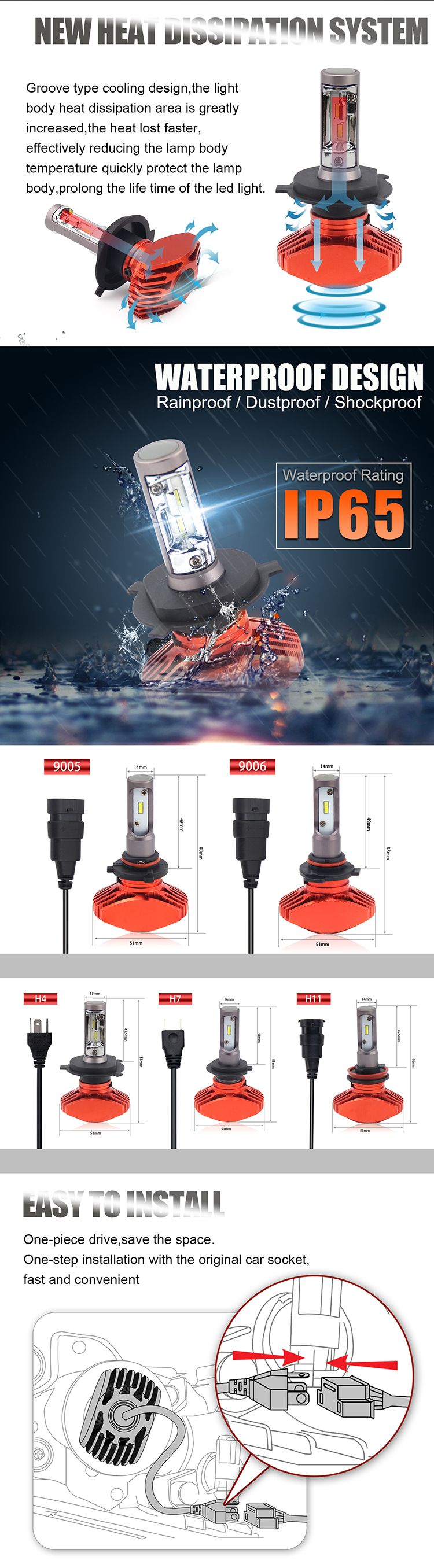 Auto Parts Durable Autozone 360 Dimmable Fanless H4 9004 9007 H13 9005 S1 LED Headlight Bulb