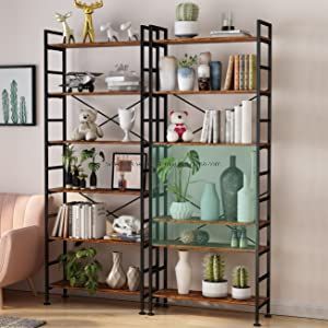 Adjustable Tall Bookcase, Rustic Wood and Metal Standing Bookshelf, Industrial Vintage Book Shelf Unit, Open Back Modern Office Bookcases