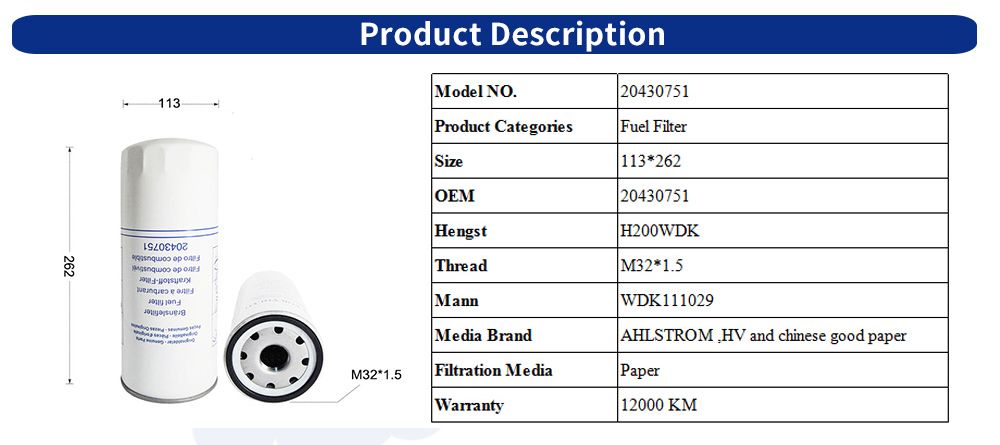 Customized Parts Auto Trucks Fuel Filter for Volvo Renault Engines 20430751