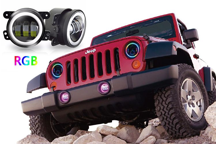 4 Inch Round RGB LED Fog Lights 30W Halo Ring DRL off Road Fog Lamps for Jeep Wrangler 2007-2015