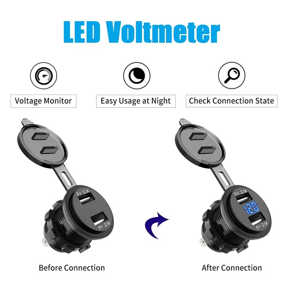 Dual 2 USB Charger Socket Waterproof Power Outlet 2.1A &amp; 2.1A with Voltmeter &amp; Wire in-Line 10A Fuse for 12-24V Car Boat Marine Motorcycle