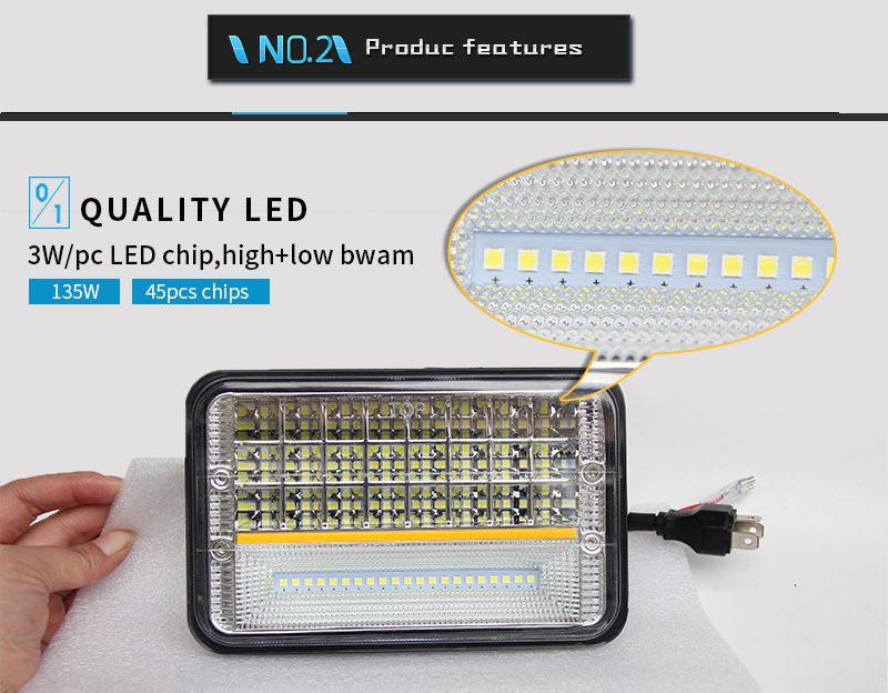 LED Truck Work Light DRL Amber 45W Square Rectangle 4X6 Automotive LED Headlights