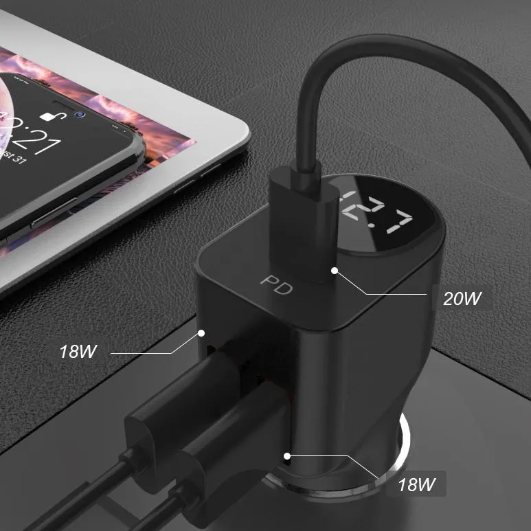 Digital Display 38W USB Car Charger with QC3.0 Pd