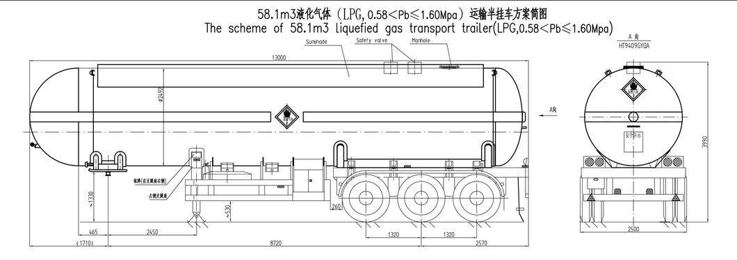 Adr/Tped 46m3 Gas LPG Road Tanker for Transport Butadiene, Butane, Butylene, R124, Trimethylene, R12, R21, R152A, Dimetlylamine, Dimethylether, Ethylamine