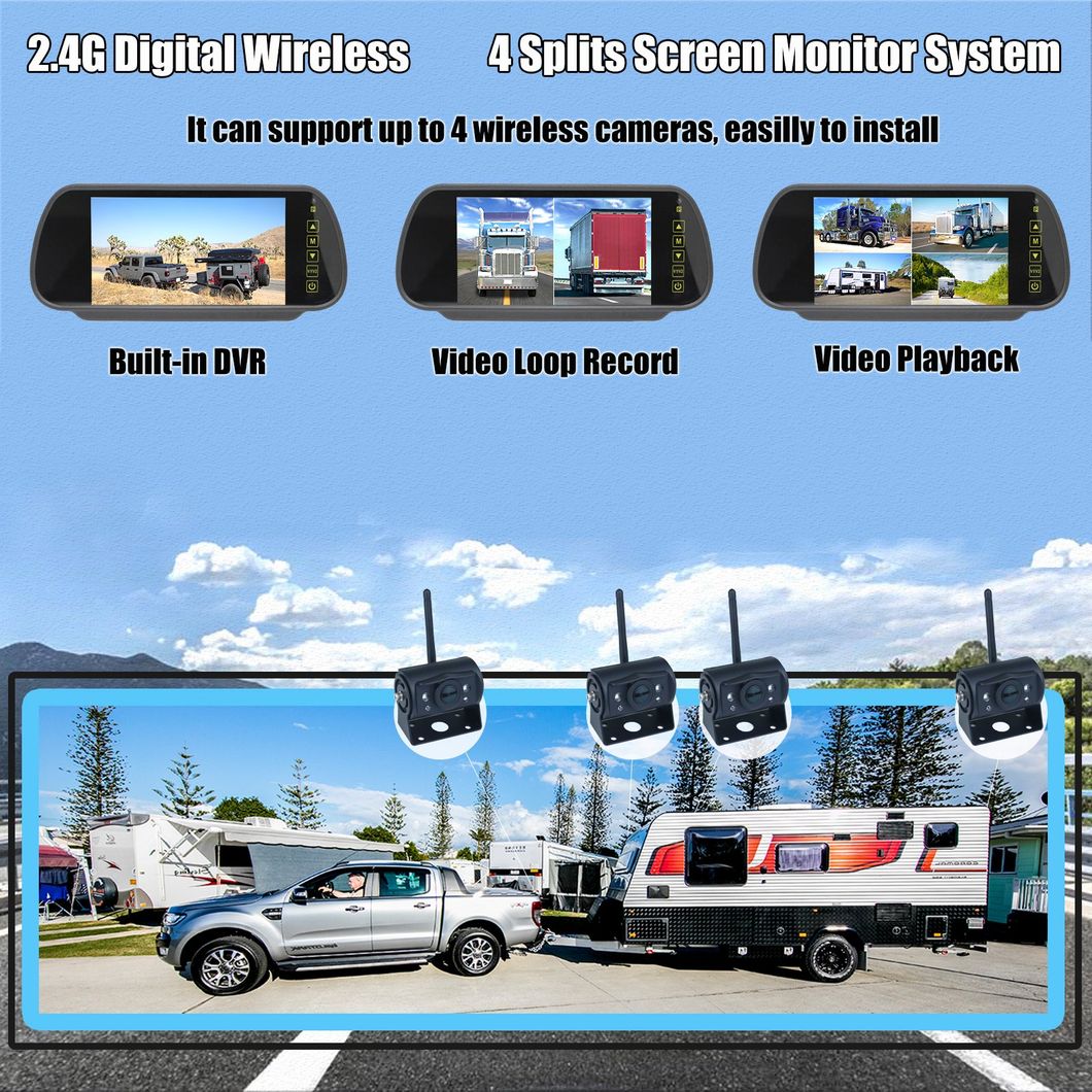 Digital Wireless 7&quot; IPS Screen Rear View Mirror DVR Monitor Split Screen 2X Backup Camera 2X Zoom for Caravan Trailer Truck