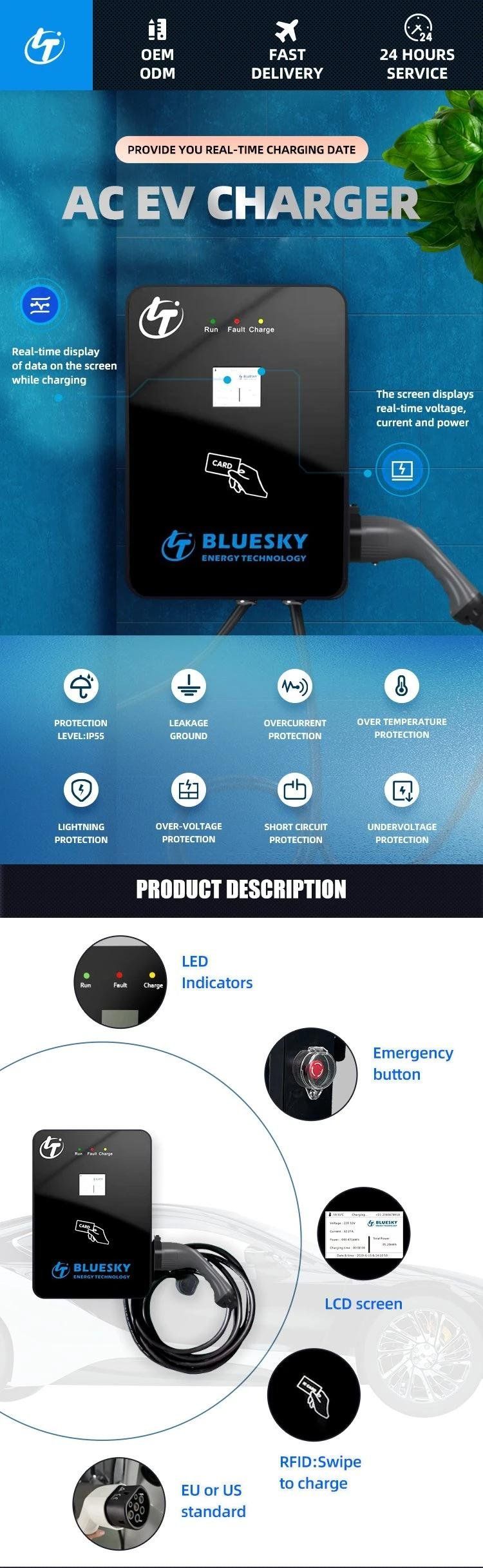 7kw Wall-Mounted Type2 AC EV Charger with 2.4 Inch Screen with Ocpp