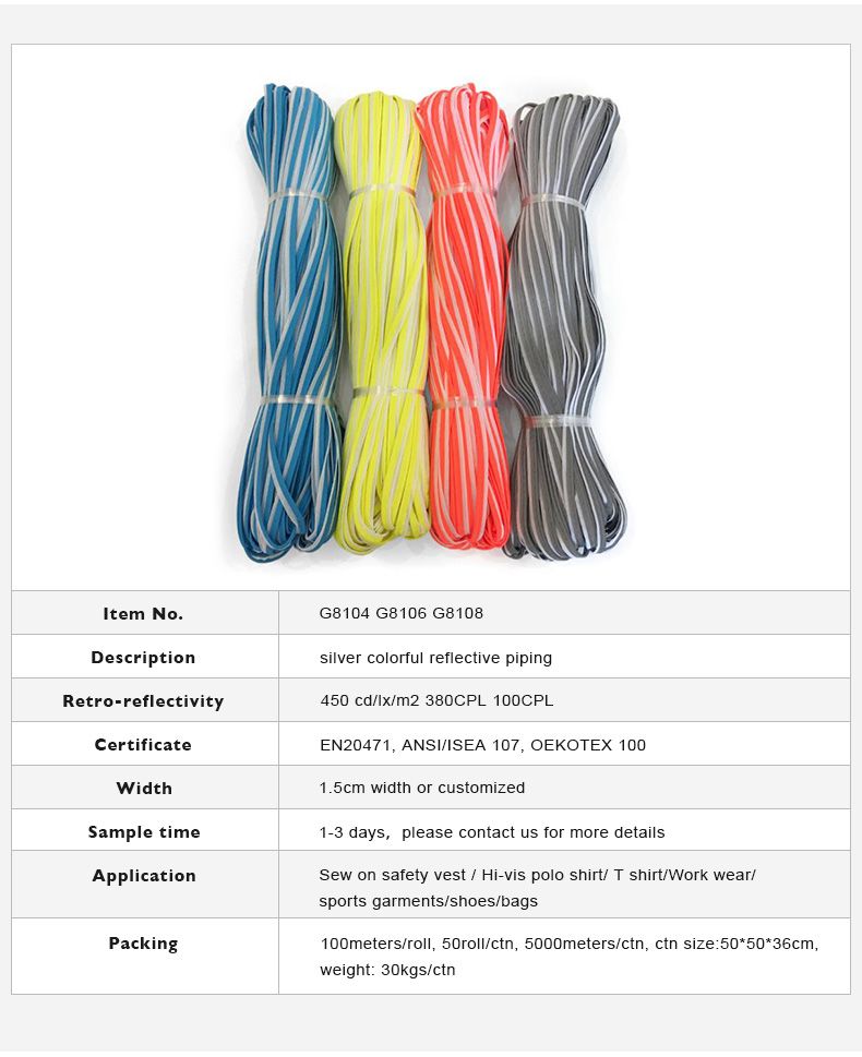 High Visibility Reflective Piping for Garment, Clothing, Sportswear Sewing