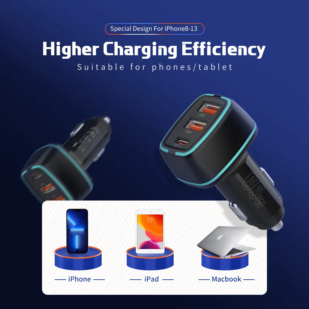 Premium Quality 66W 3 Ports QC3.0 USB C Fast Car USB Charger
