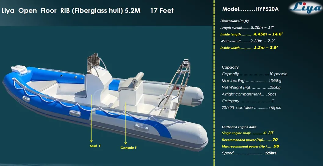 Liya 2.4-5.2m Open Floor Rib Boat Economic Fiberglass Boat