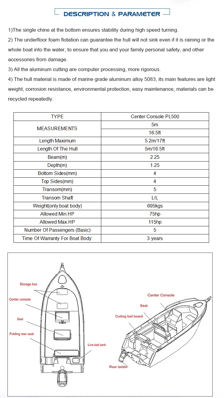 New 5m Fishing Center Steering Console Boat for Sale
