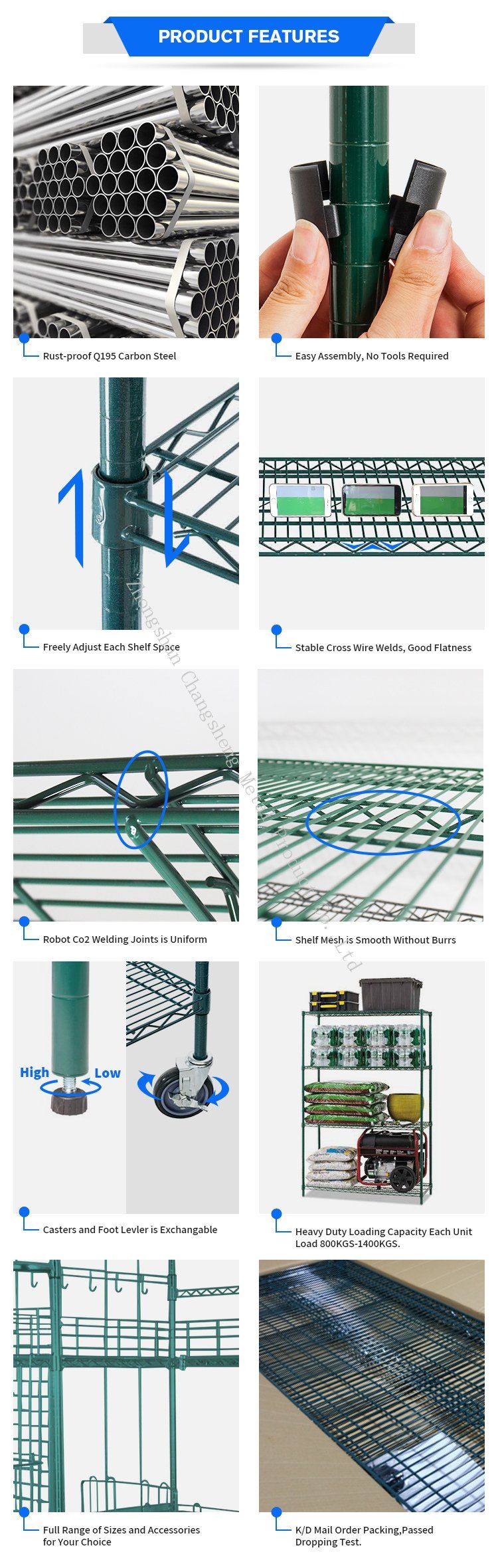 China Professional Manufacturer Heavy Duty Storage Green Epoxy Commercial Kitchen Wire Shelving