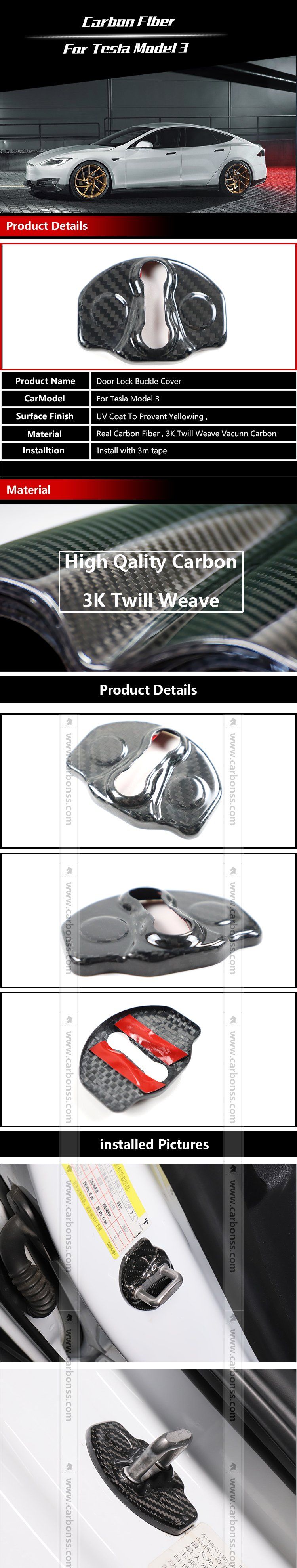 4PCS Dry Gloss/Matte Carbon Model 3 Door Lock Covers