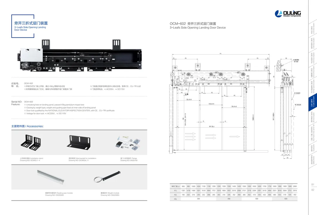 Ningbo Ouling 3-Leafs Side Opening Landing Door Device