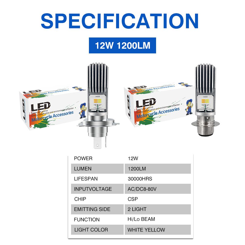 Motoled China High Quality AC DC 8-80V H4 HS1 Ba20d H6 P15D H6m 12W 1200lm Motorcycle Headlight LED Bulb