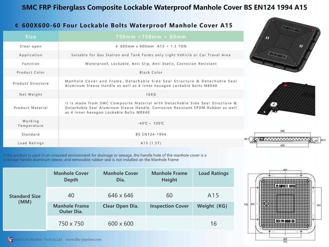 High Quality SMC Composite Watertight Square Telecom Manhole Cover and Frame FRP GRP Fiberglass Waterproof Lock Manhole Cover Resin BMC Plastic Manhole Cover